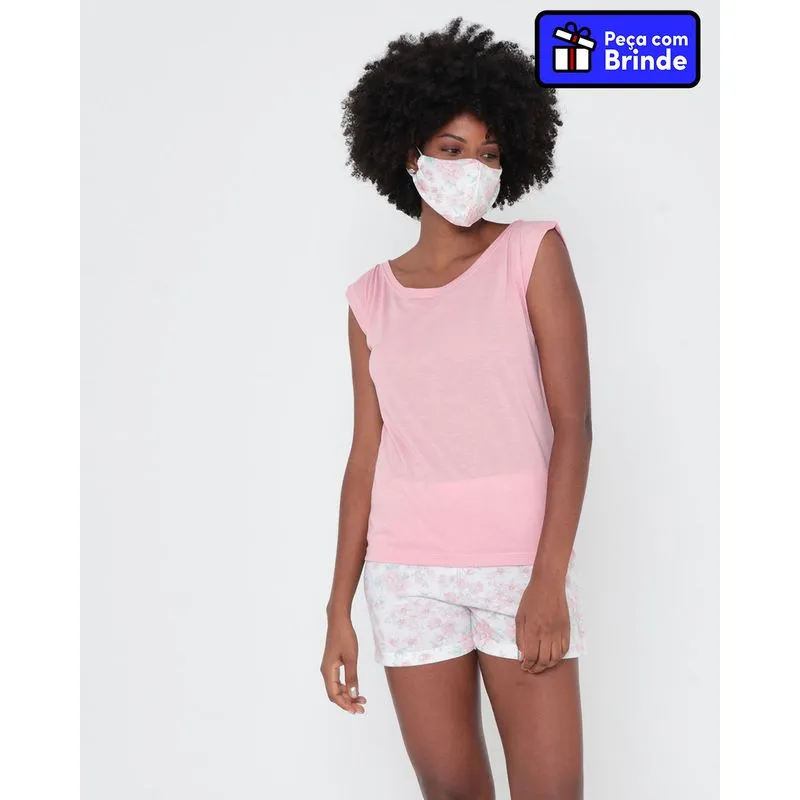 Pijama com Máscara Estampa Floral Rosa Claro M