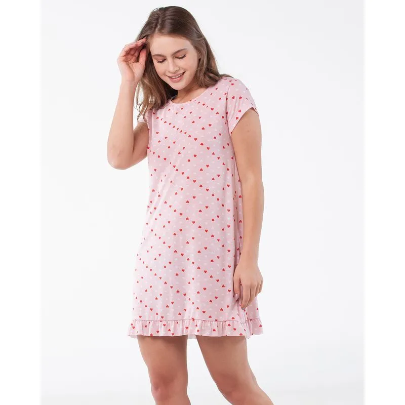 Camisola Manga Curta Babado Corações Rosa G