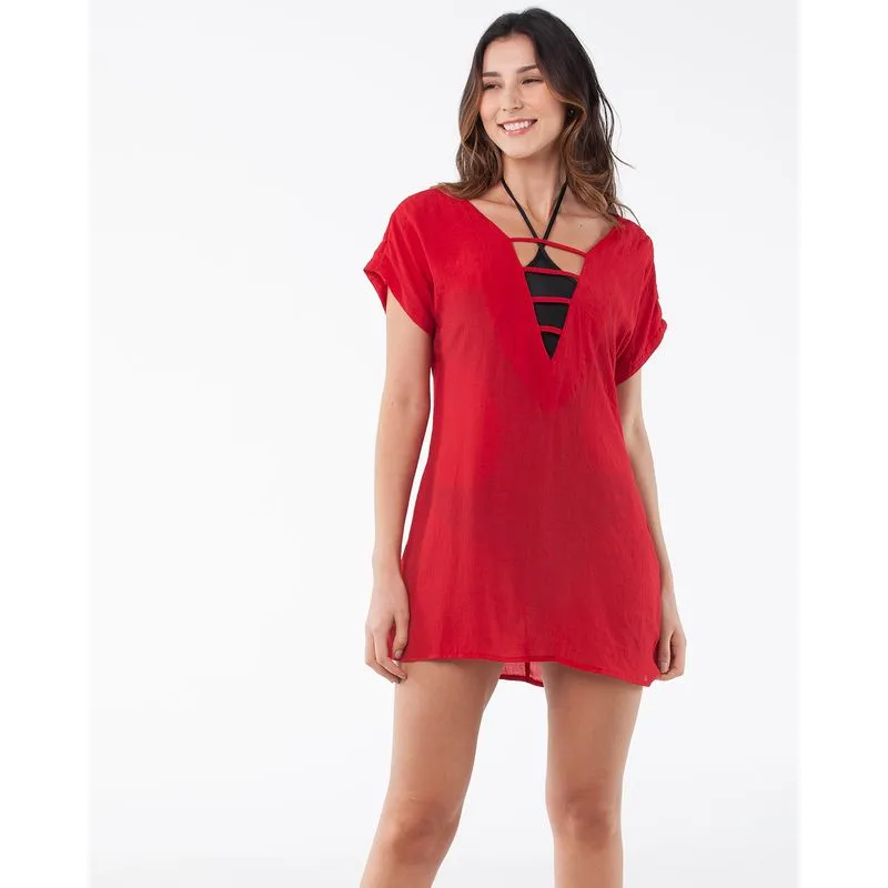 Saída De Praia Kaftan Decote Cavado Vermelha P