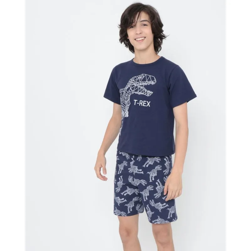 Pijama Juvenil 2 Peças Estampa T-Rex Azul Marinho 12