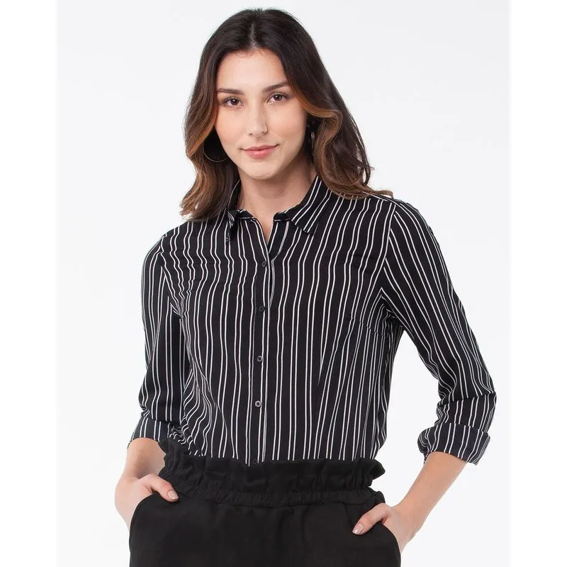 Camisa Feminina Crepe Listrada Preta G