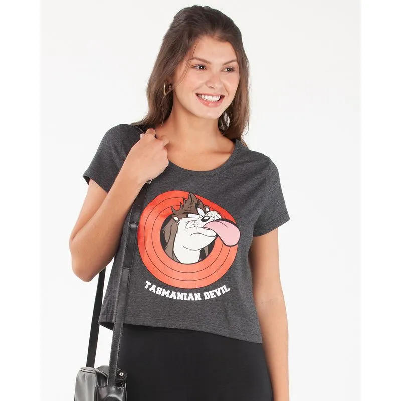 Blusa Cropped Estampa Tasmania Looney Tunes Cinza GG