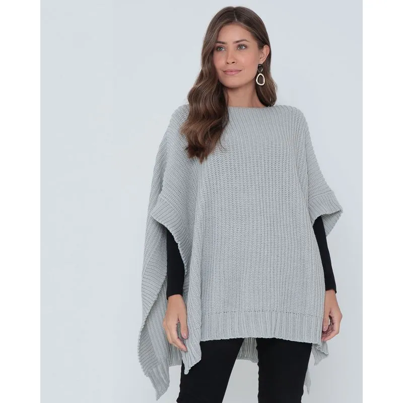 Poncho Feminino Liso Tricô Cinza Claro UN