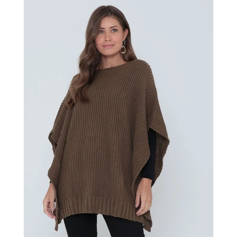 Poncho Feminino Liso Tricô Marrom UN