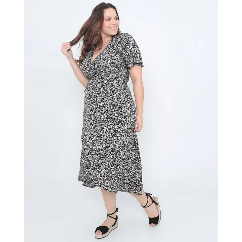 Vestido Plus Size Envelope Longo Floral Preto G1