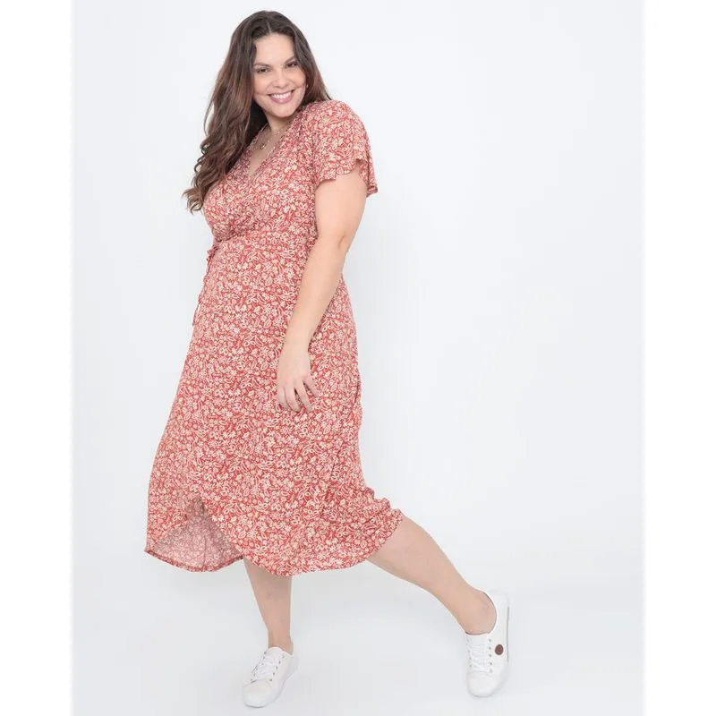 Vestido Plus Size Envelope Longo Floral Laranja G2