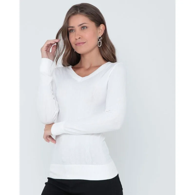 Suéter Feminino Decote V Sem Costura Off White GG