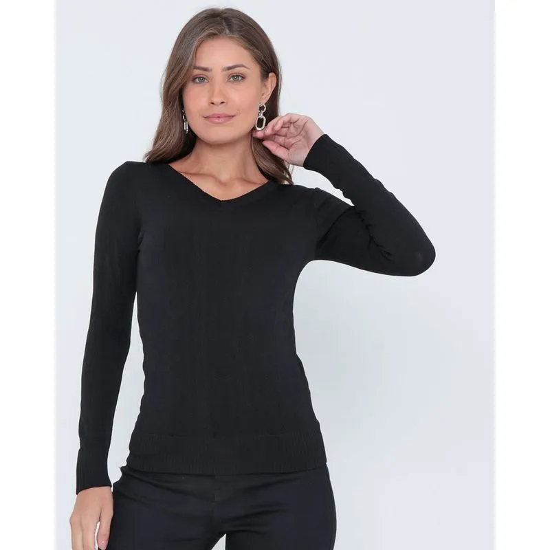 Suéter Feminino Decote V Sem Costura Preto P