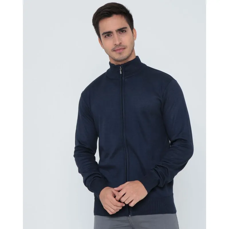 Casaco Tricô Masculino Com Zíper Azul Marinho M