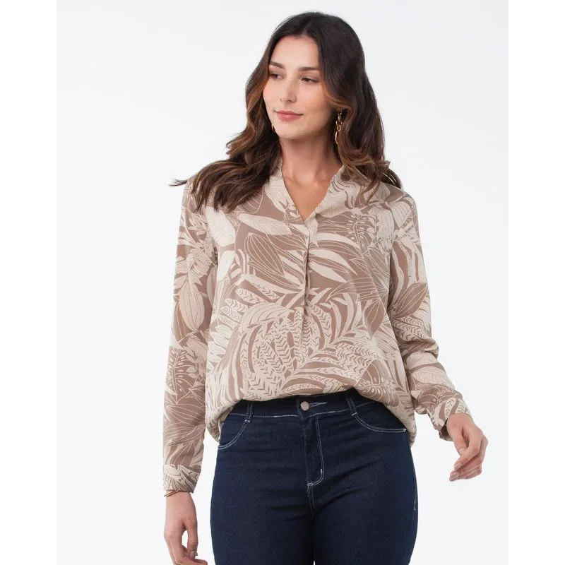 Camisa Feminina Crepe Folhagem Bege M