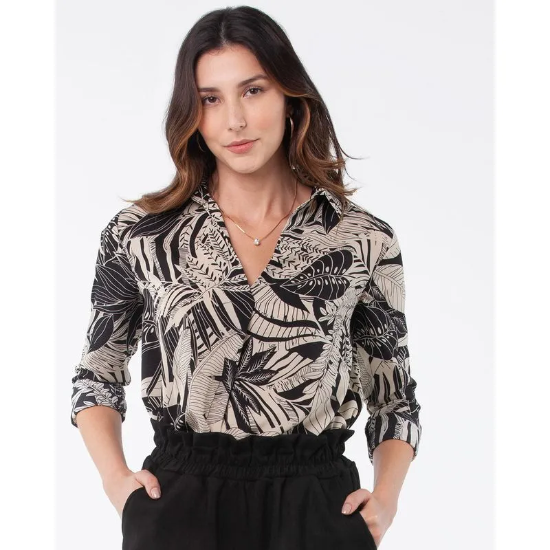 Camisa Feminina Crepe Folhagem Preta P