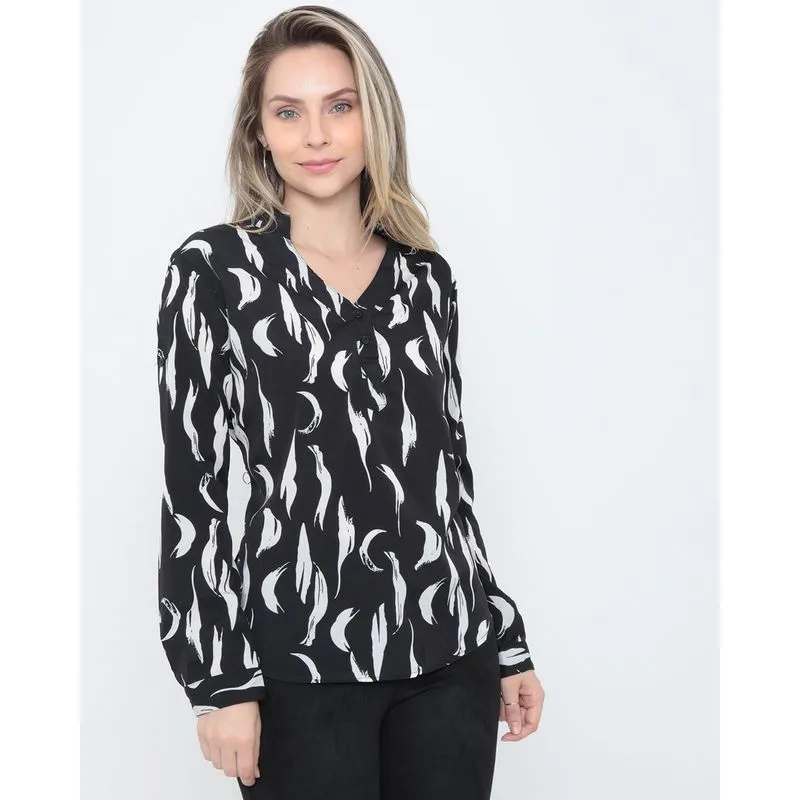 Camisa Manga Longa Estampada Preta GG