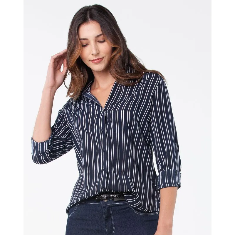 Camisa Feminina Crepe Listrada Marinho GG