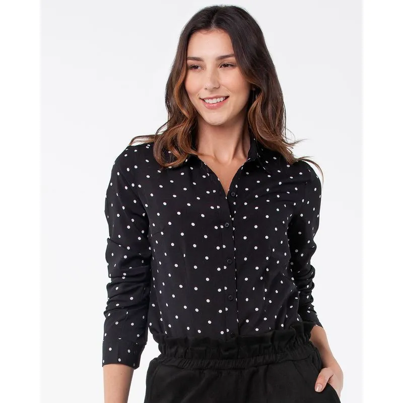 Camisa Feminina Crepe Estampa De Poá Preta GG
