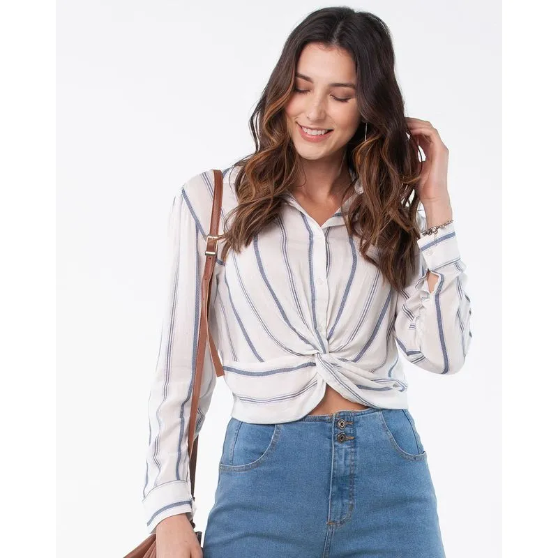 Camisa Feminina Cropped Nó Listrada Branca M