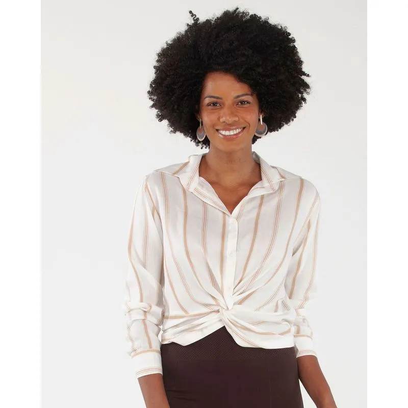 Camisa Feminina Cropped Nó Listrada Bege M