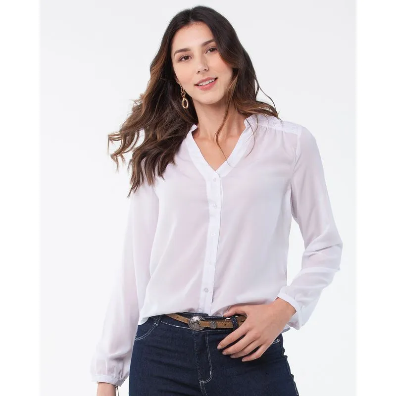 Camisa Feminina Lisa Manga Longa Branca P