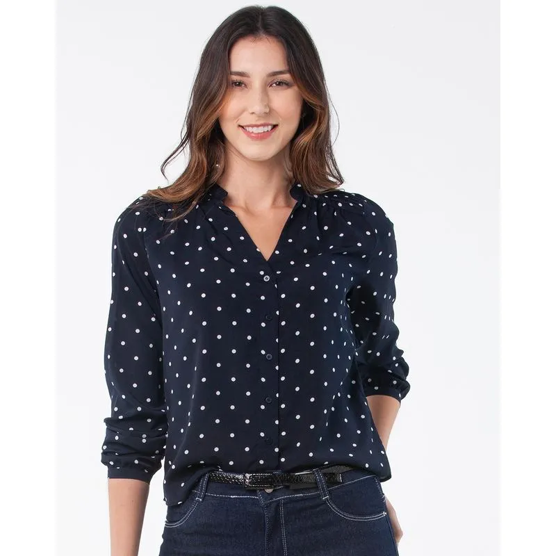 Camisa Feminina Poá Manga Longa Azul Marinho GG