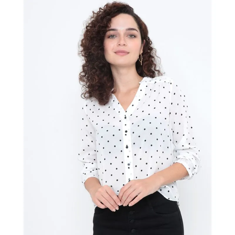 Camisa Feminina Poá Manga Longa Branca GG