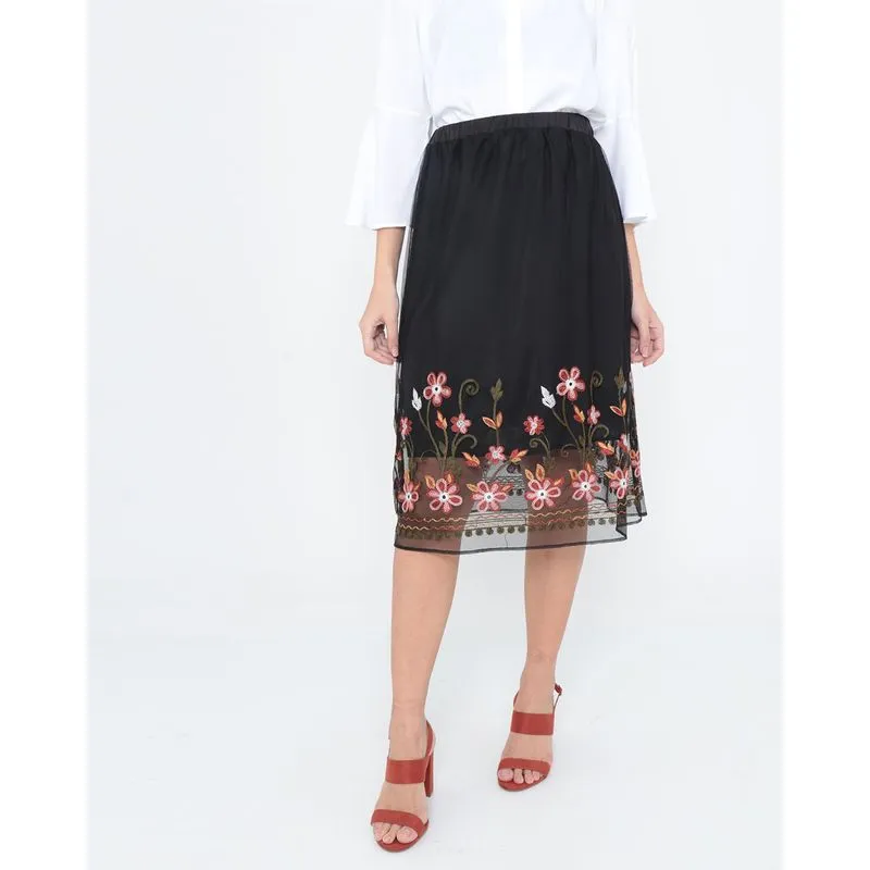 Saia Midi Tule Bordado Floral Preta GG
