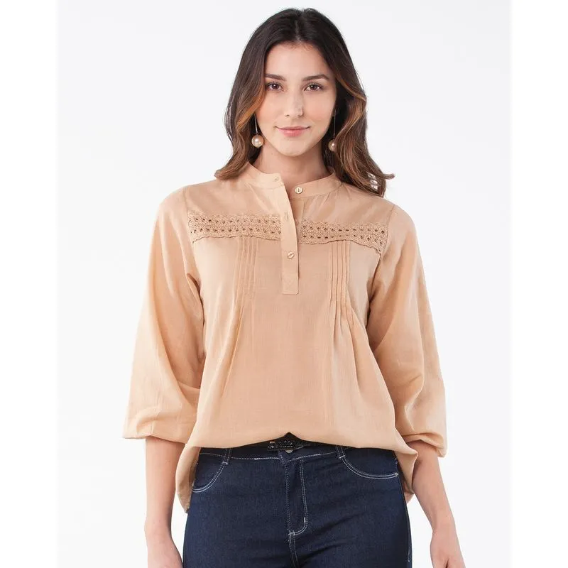 Blusa Bata Renda Manga Longa Bege M