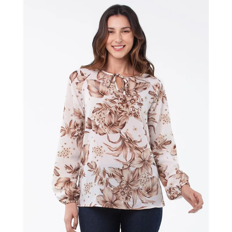 Blusa Bata Chiffon Floral Branca GG