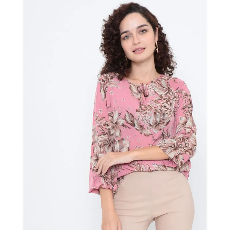 Blusa Bata Chiffon Floral Rosa GG