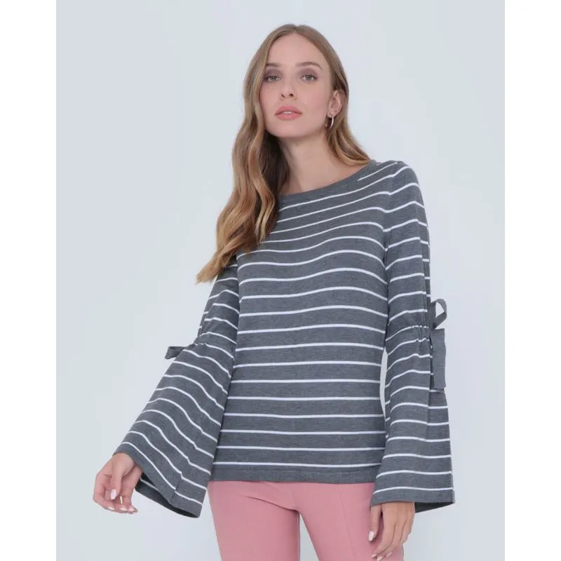 Suéter Feminino Tricô Listrado Manga Flare Mescla Cinza GG