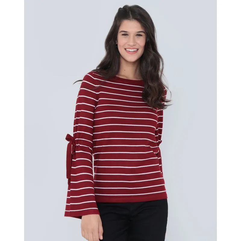Suéter Feminino Tricô Listrado Manga Flare Vinho G