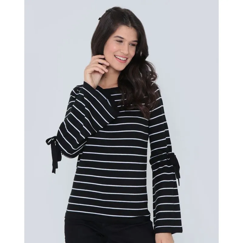 Suéter Feminino Tricô Listrado Manga Flare Preto M