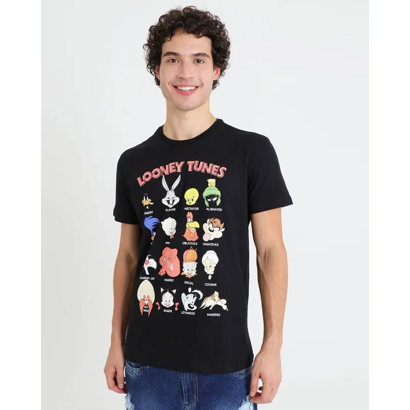 Camiseta Masculina Manga Curta Looney Tunes Preta GG