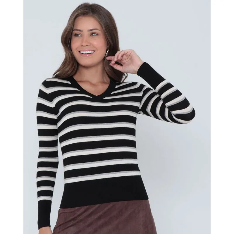 Suéter Feminino Tricô Listrado Preto G