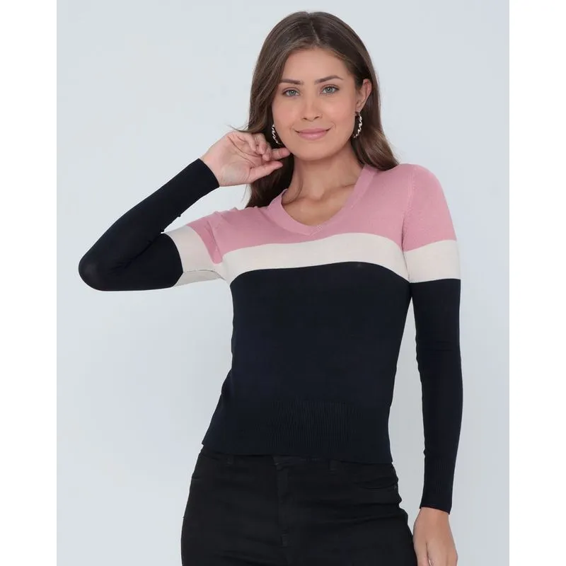 Suéter Feminino Tricô Listrado Rosa G