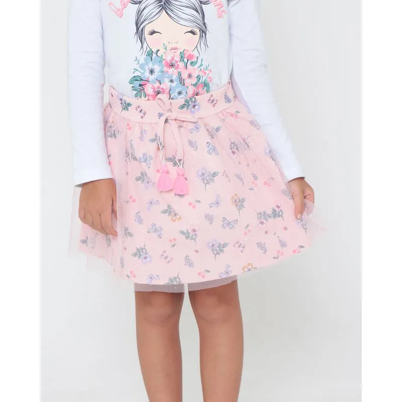 Saia Infantil Estampa Floral com Tule Rosa 10