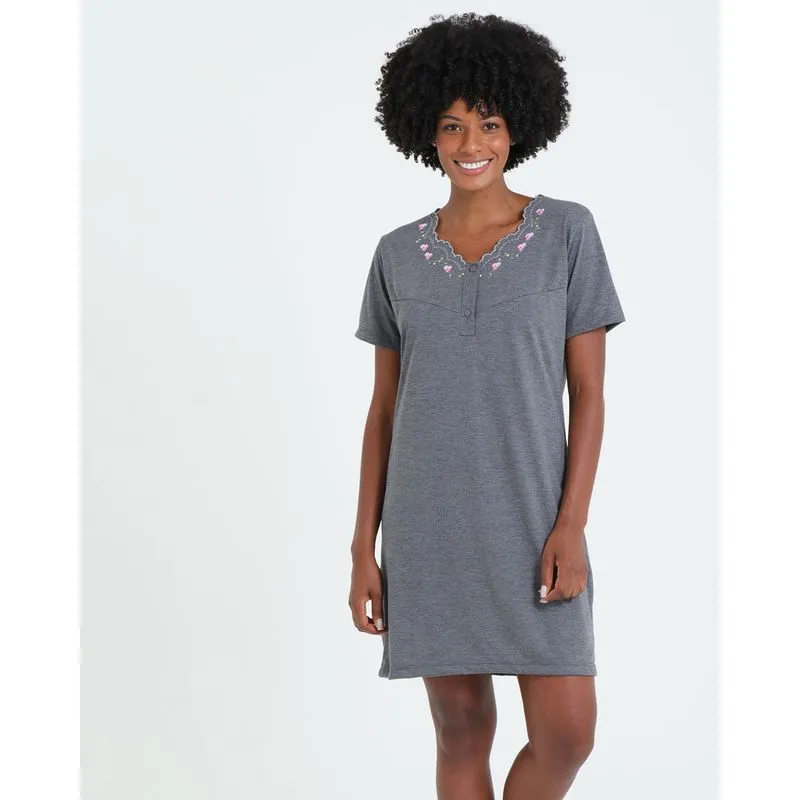 Camisola Feminina Bordado Floral Cinza M