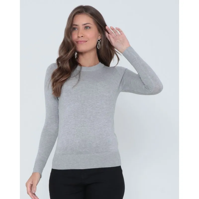 Suéter Feminino Liso Tricô Cinza Claro G