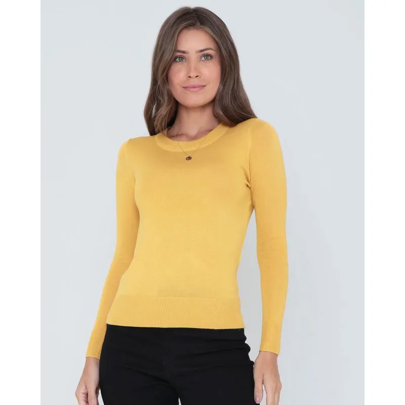Suéter Feminino Liso Tricô Mostarda P