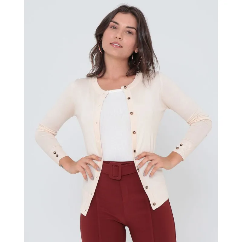 Cardigan Feminino Tricô Liso Bege Claro G
