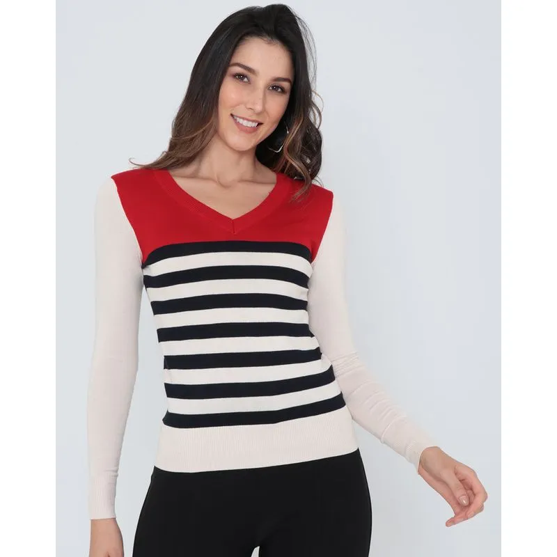 Suéter Feminino De Tricô Listrado Vermelho M