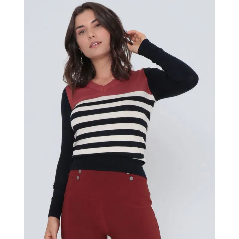 Suéter Feminino de Tricô Listrado Terracota P