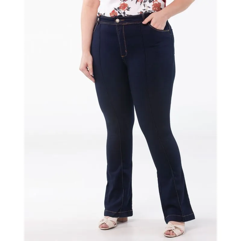 Calça Jeans Feminina Plus Size Cintura Alta Flare Azul Escuro 54