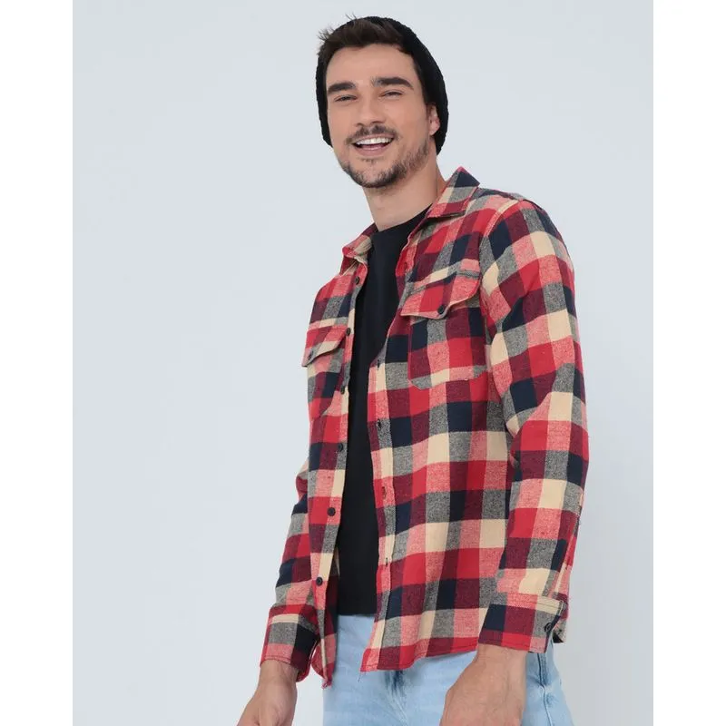 Camisa Masculina Flanelada Xadrez Bege P