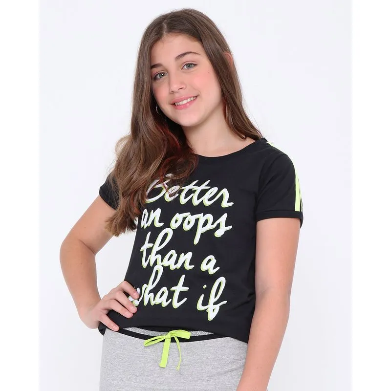 Blusa Juvenil Manga Curta Brilho Preta 16