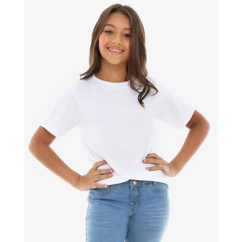 Blusa Juvenil Manga Curta Básica Canelada Branca 16