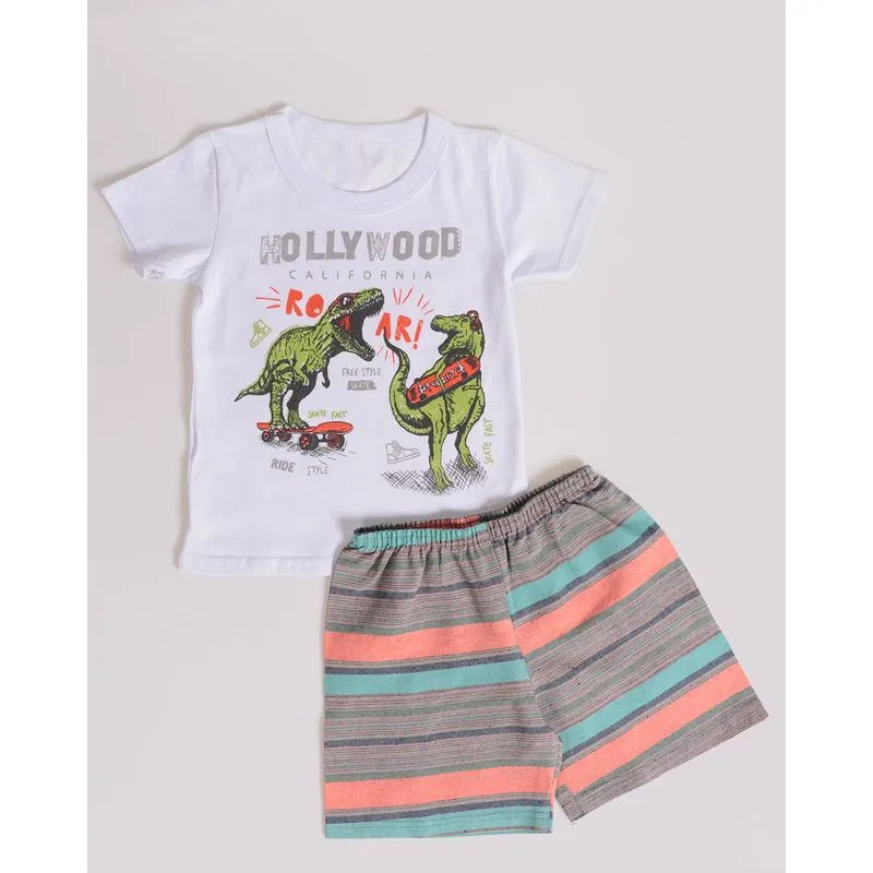 Conjunto Bebê Listrado Estampa Dinossauro Branco 1