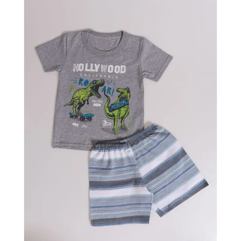 Conjunto Bebê Listrado Estampa Dinossauro Cinza Claro 2
