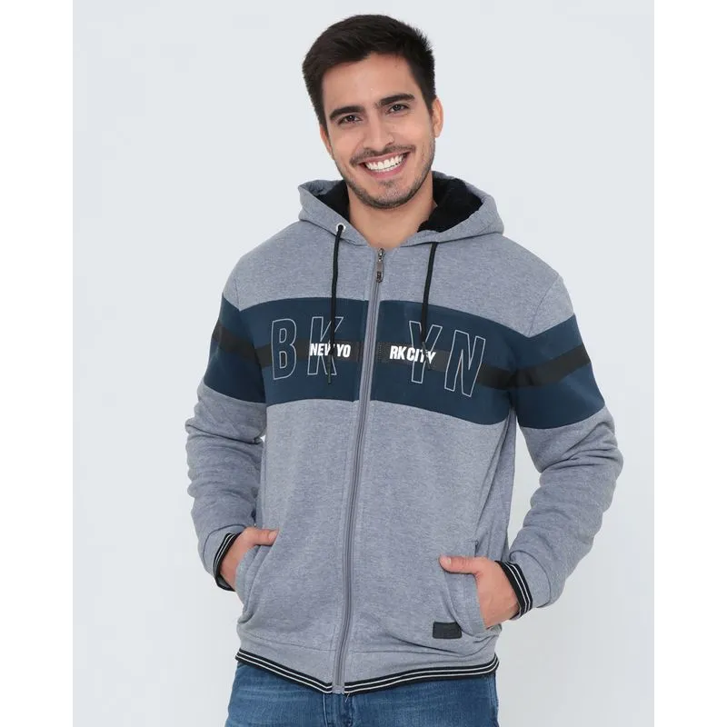 Casaco Masculino Moletom Zíper Pelúcia Recorte Cinza P