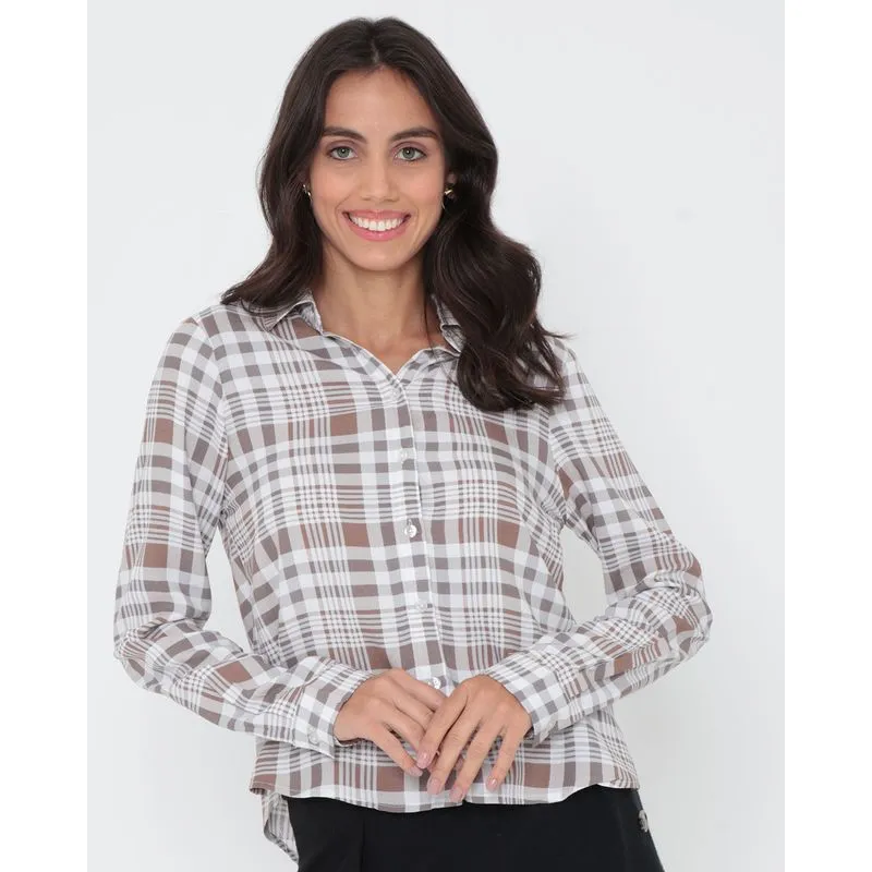 Camisa Feminina Manga Longa Xadrez Marrom M