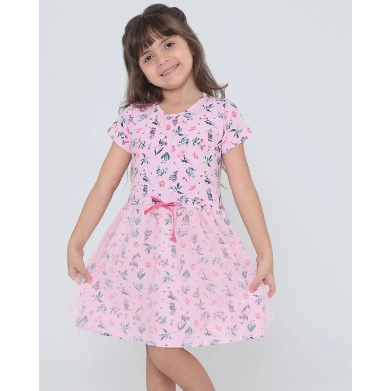 Vestido Infantil Floral Com Tule e Brilho Rosa Claro 4