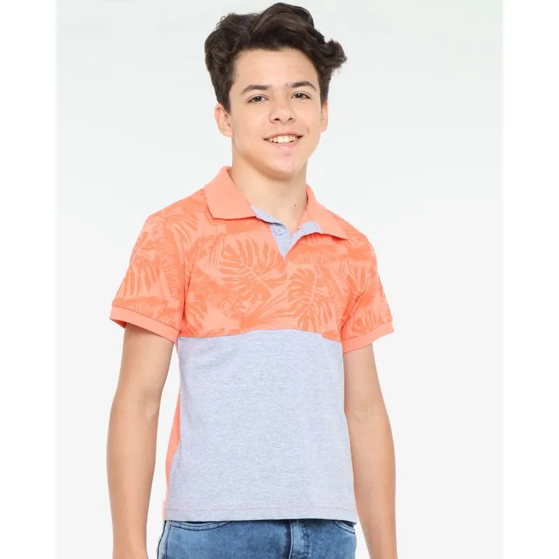 Polo Juvenil Manga Curta Estampa Folhas Laranja 12